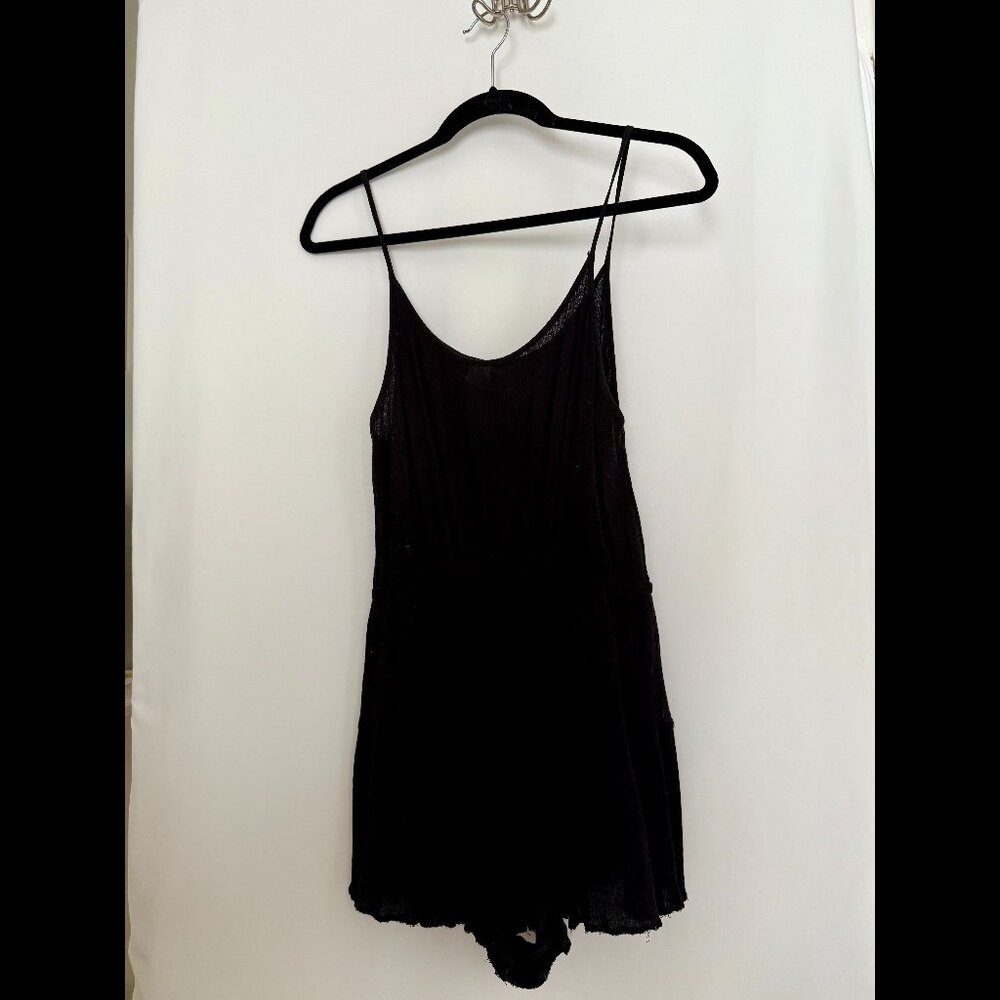 Audrey 3+1 Black Crepe Ruffle Bottom Romper, Small